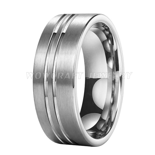8mm Offset Two Lines Classic Silver Tungsten Men's Ring