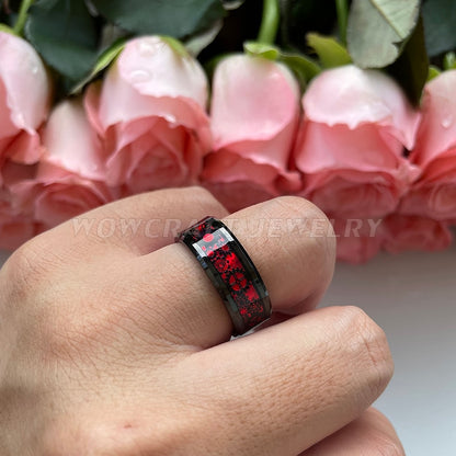 6mm & 8mm Stationary Gears Design Red Carbon Fibre Inlay & Black Tungsten Unisex Rings