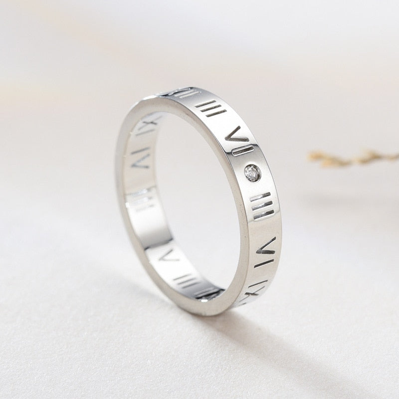 4mm Roman Numerals & CZ Stone Stainless Steel Unisex Rings