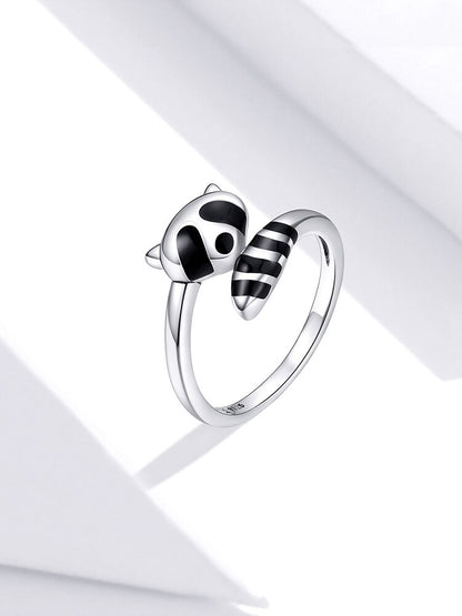 Cute Raccoon Animal 925 Sterling Silver & Black Enamel Women's Adjustable Ring