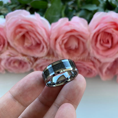 8mm Black Carbon Fibre Inlay Silver Tungsten Men's Ring