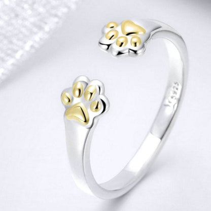 Pet Dog Cat Golden Paw Prints 925 Sterling Silver Women's Ring