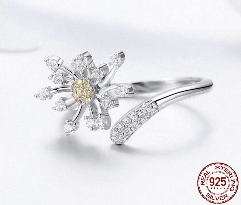 Blooming Dandelion Flower 925 Sterling Silver Adjustable Women's Ring