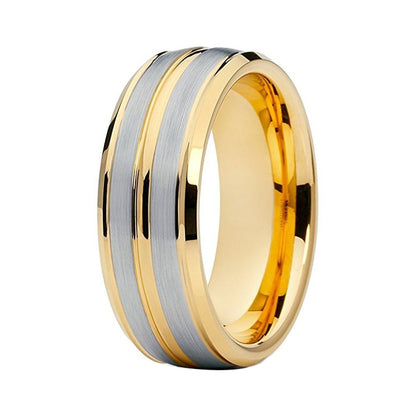 8mm Gold Groove Silver Brushed Tungsten Unisex Ring