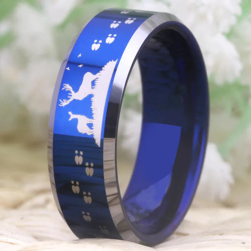 Buck & Doe & Deer Hoof Prints Blue & Silver Tungsten Unisex Ring