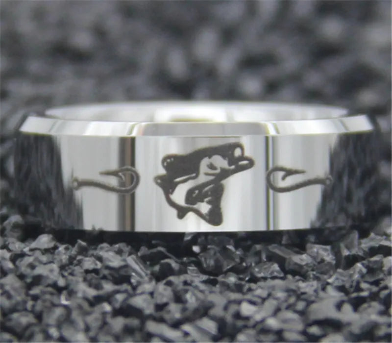 8mm Fish & Fishing Hooks Silver Beveled Edges Tungsten Men's Ring
