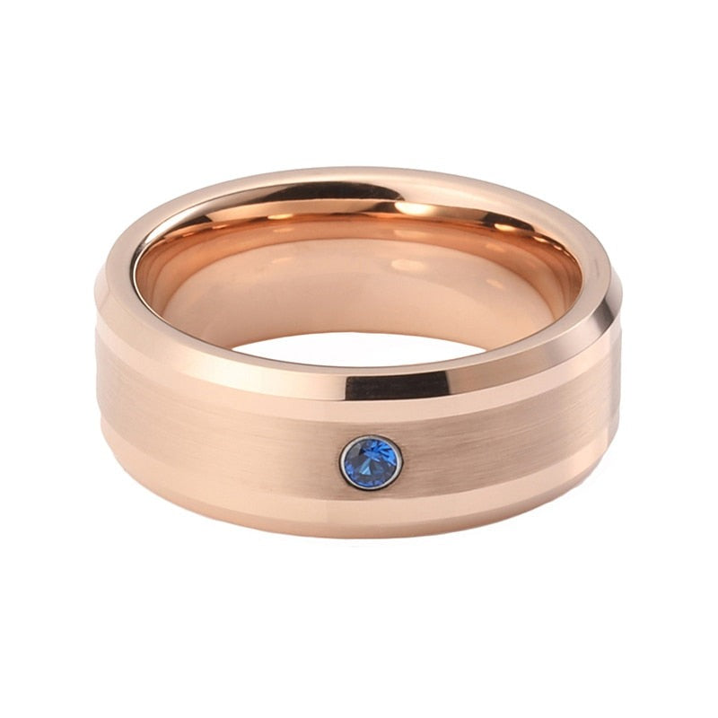 8mm Bluish Cubic Zirconia & Brushed Rose Gold Inlay Tungsten Men's Ring