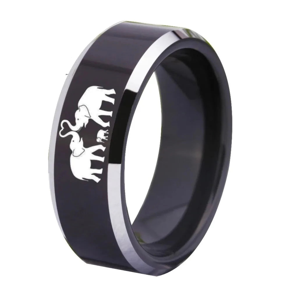 8mm Elephant Family & Trunk Love Heart Black With Shiny Bevel Edges Unisex Ring