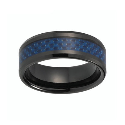 8mm Blue Carbon Beveled Edges Black Tungsten Men's Ring