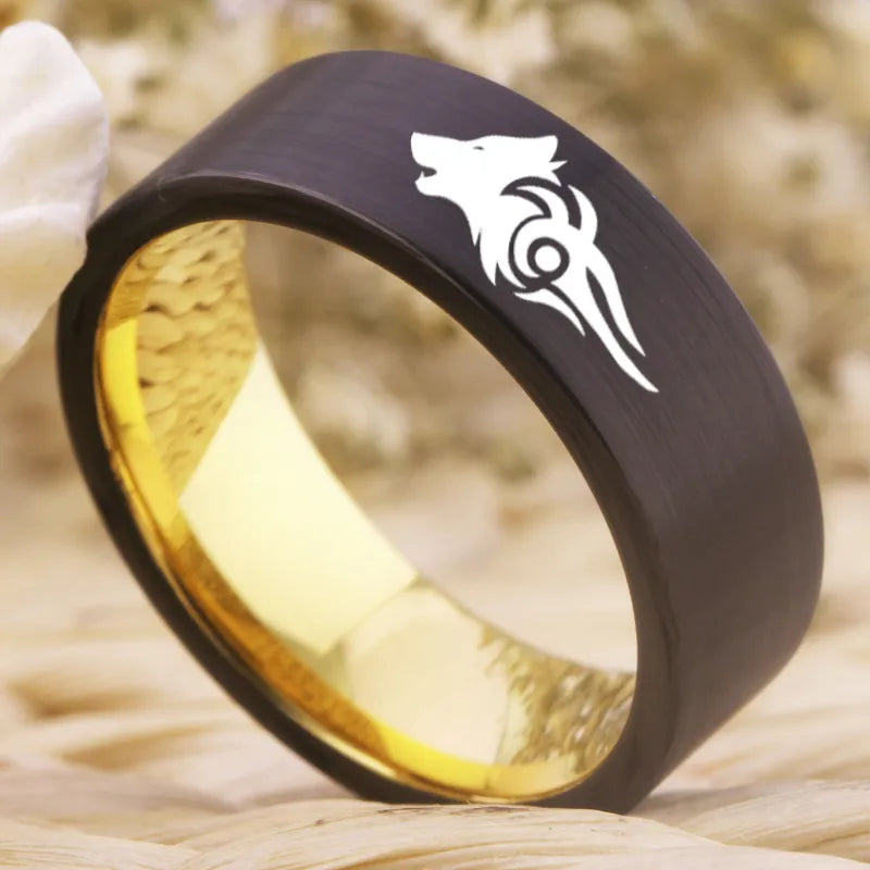 8mm Tribal Wolf Design Black & Gold Tungsten Men's Ring