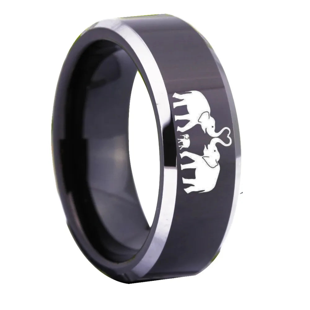 8mm Elephant Family & Trunk Love Heart Black With Shiny Bevel Edges Unisex Ring