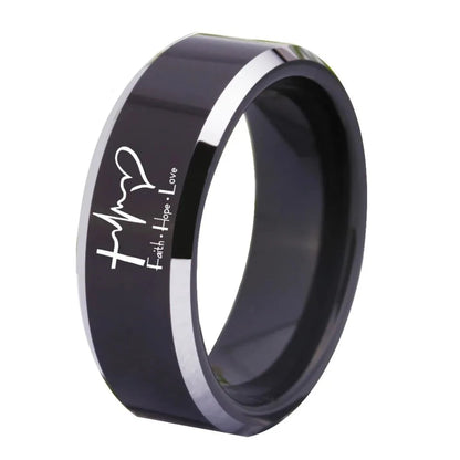 Faith Hope Love Design Black & Silver Beveled Edges Tungsten Unisex Ring