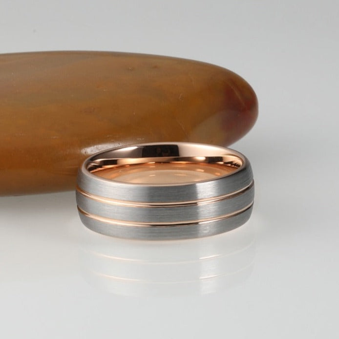 8mm Double Grove Rose Gold & Silver Tungsten Men's Ring