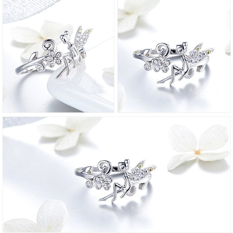 Magical Fairy & Daisy Flower 925 Sterling Silver Adjustable Women's Ring