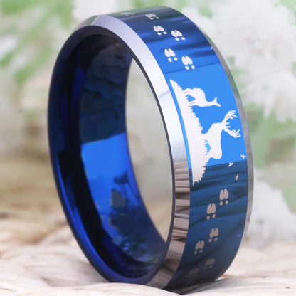 Buck & Doe & Deer Hoof Prints Blue & Silver Tungsten Unisex Ring