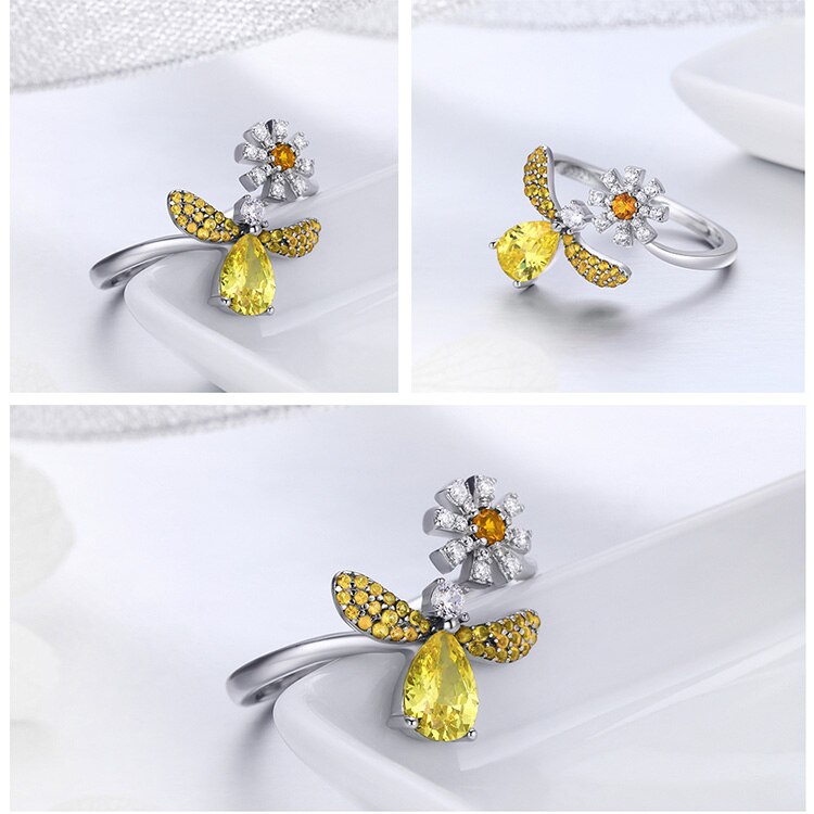 Yellow Bee & Daisy Flower Nature 925 Sterling Silver Women's Ring