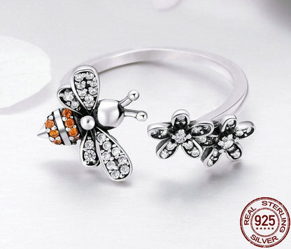 Daisy Flower & Bumble Bee Nature 925 Sterling Silver Adjustable Women's Ring (3 Styles)