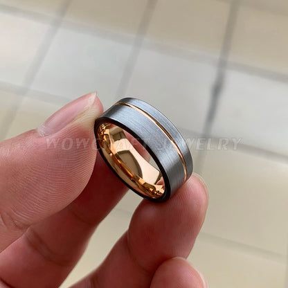 8mm Offset Rose Gold Groove, Silver Brushed & Black Edge Tungsten Men's Ring