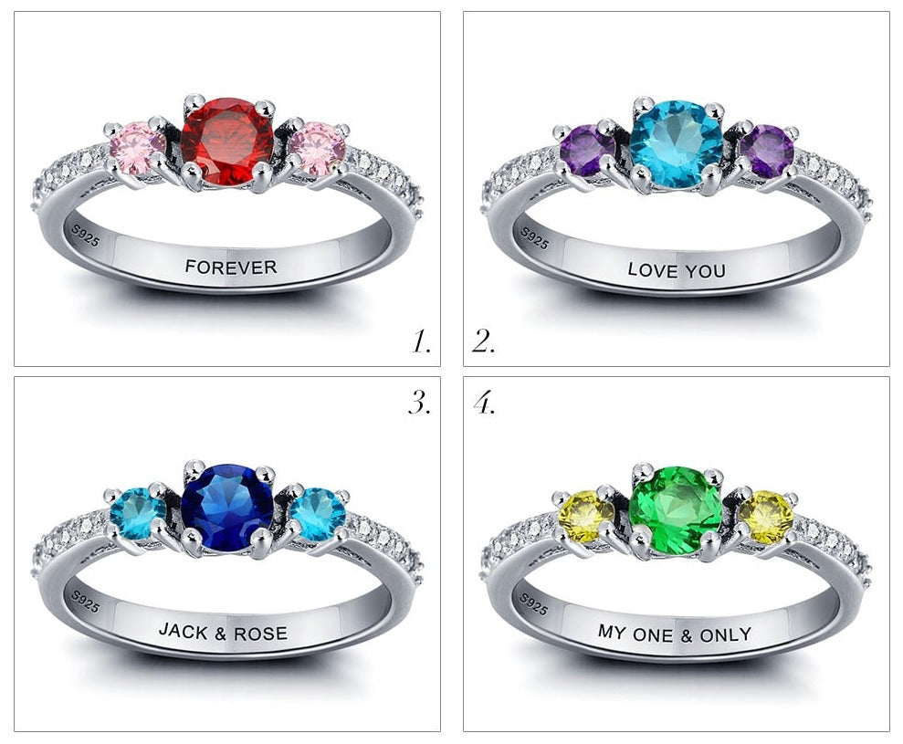 Personalized 925 Sterling Silver Rings For Women - 3 Birthstones + 1 Engraving