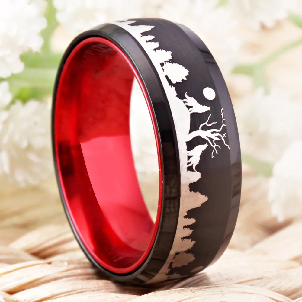 8mm Wolf Howling In Forest Black & Red Aluminium Tungsten Unisex Ring