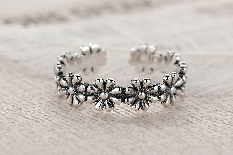 Daisies 925 Sterling Silver Vintage Stackable Adjustable Women's Ring