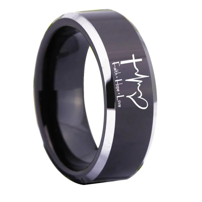 Faith Hope Love Design Black & Silver Beveled Edges Tungsten Unisex Ring