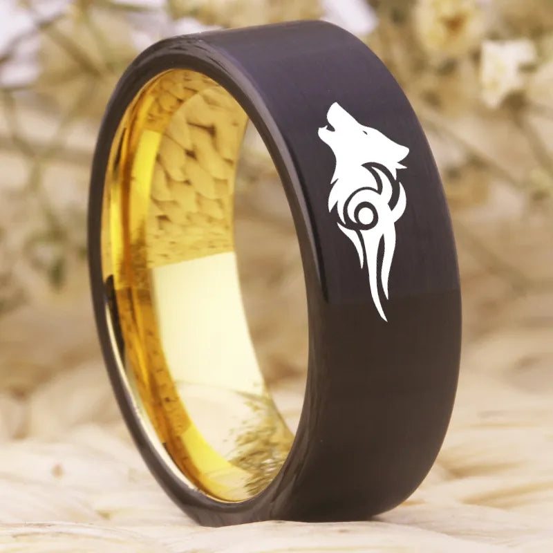 8mm Tribal Wolf Design Black & Gold Tungsten Men's Ring