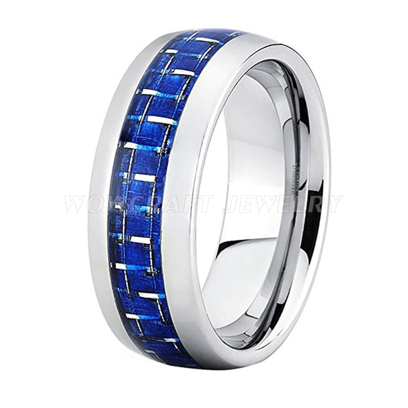 8mm Blue Carbon Fibre Inlay Tungsten Men's Ring