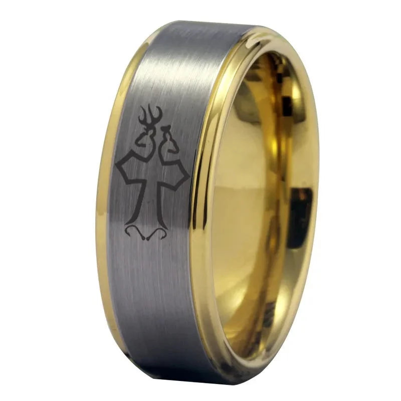Deer, Celtic Knight Cross & Fish Hooks Gold & Silver Tungsten Men's Ring