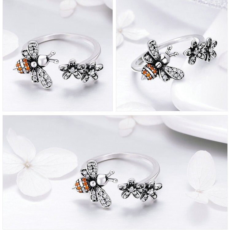 Daisy Flower & Bumble Bee Nature 925 Sterling Silver Adjustable Women's Ring (3 Styles)