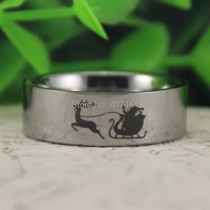 8mm Santa Claus & Reindeer Sleigh Christmas Silver Tungsten Unisex Ring