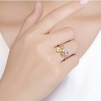 Yellow Bee & Daisy Flower Nature 925 Sterling Silver Women's Ring