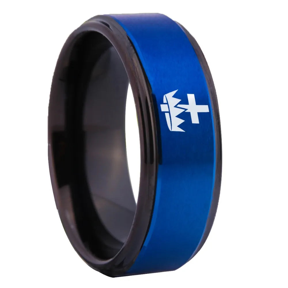 Knights Templar Cross & Crown Blue & Black Tungsten Men's Ring