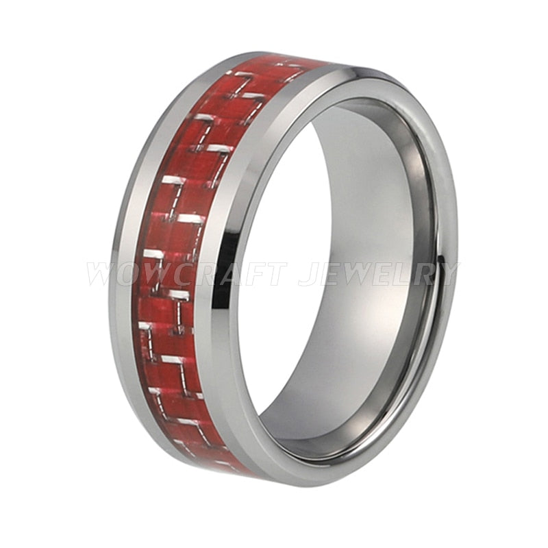8mm Red Carbon Fibre Silver Tungsten Men's Ring