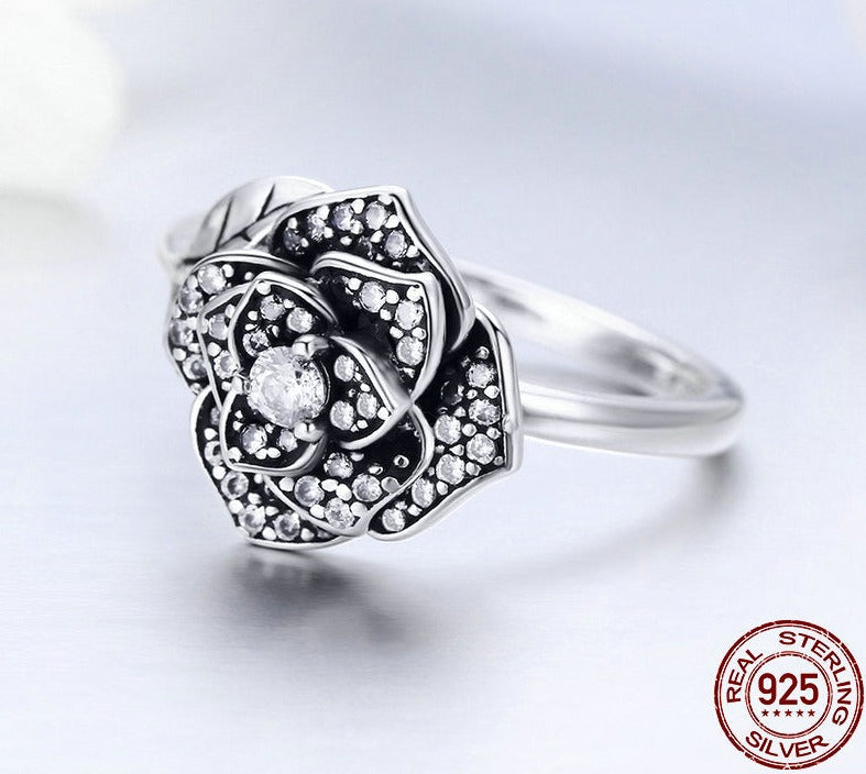 Rose Flower With Dazzling CZ Stones 925 Sterling Silver Women's Ring