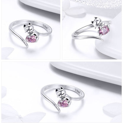Adorable Cat With Pink CZ Stone 925 Sterling Silver Adjustable Women's Ring