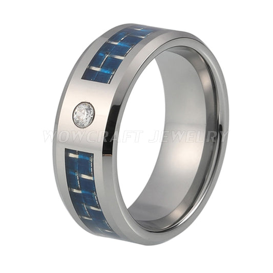 8mm One White Cubic Zirconia Stone Setting, Blue Carbon Fibre Inlay & Polished Silver Men's Ring