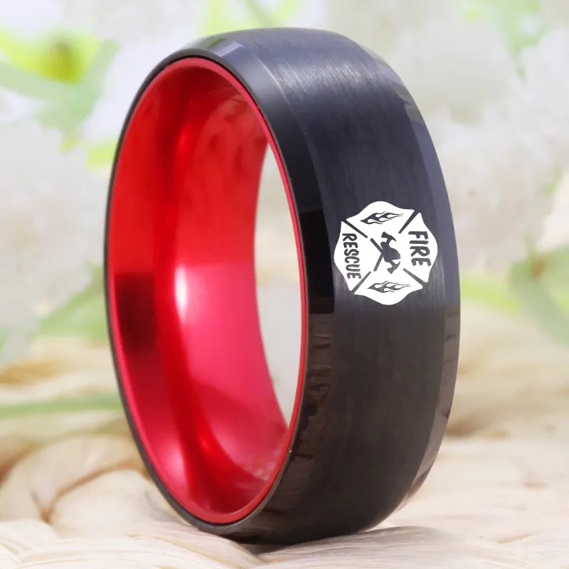 8mm Fire Rescue Red Anodized Aluminum & Black Tungsten Unisex Ring