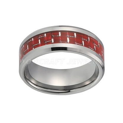 8mm Red Carbon Fibre Silver Tungsten Men's Ring