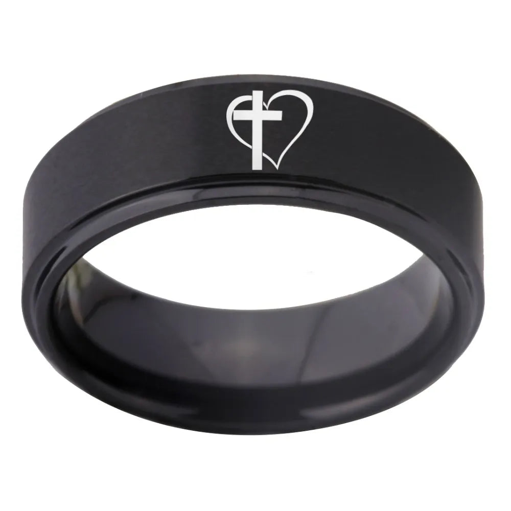 8mm Heart & Christian Cross Catholic Religious Black Tungsten Unisex Ring