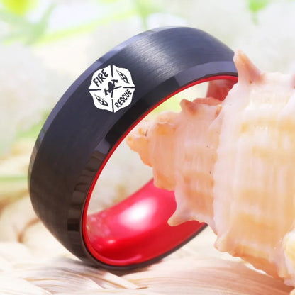 8mm Fire Rescue Red Anodized Aluminum & Black Tungsten Unisex Ring