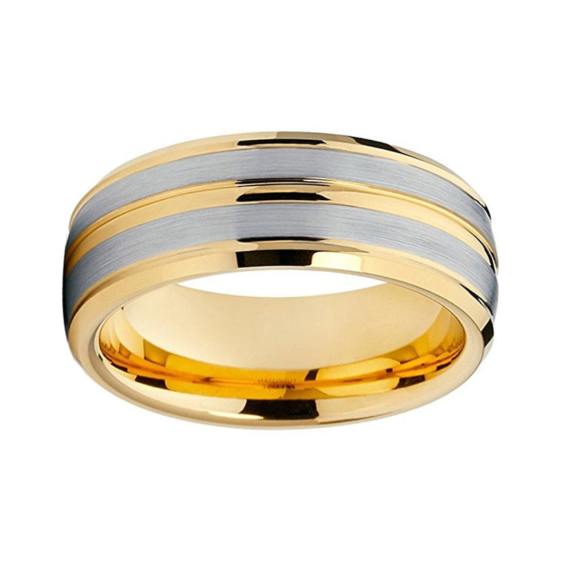 8mm Gold Groove Silver Brushed Tungsten Unisex Ring