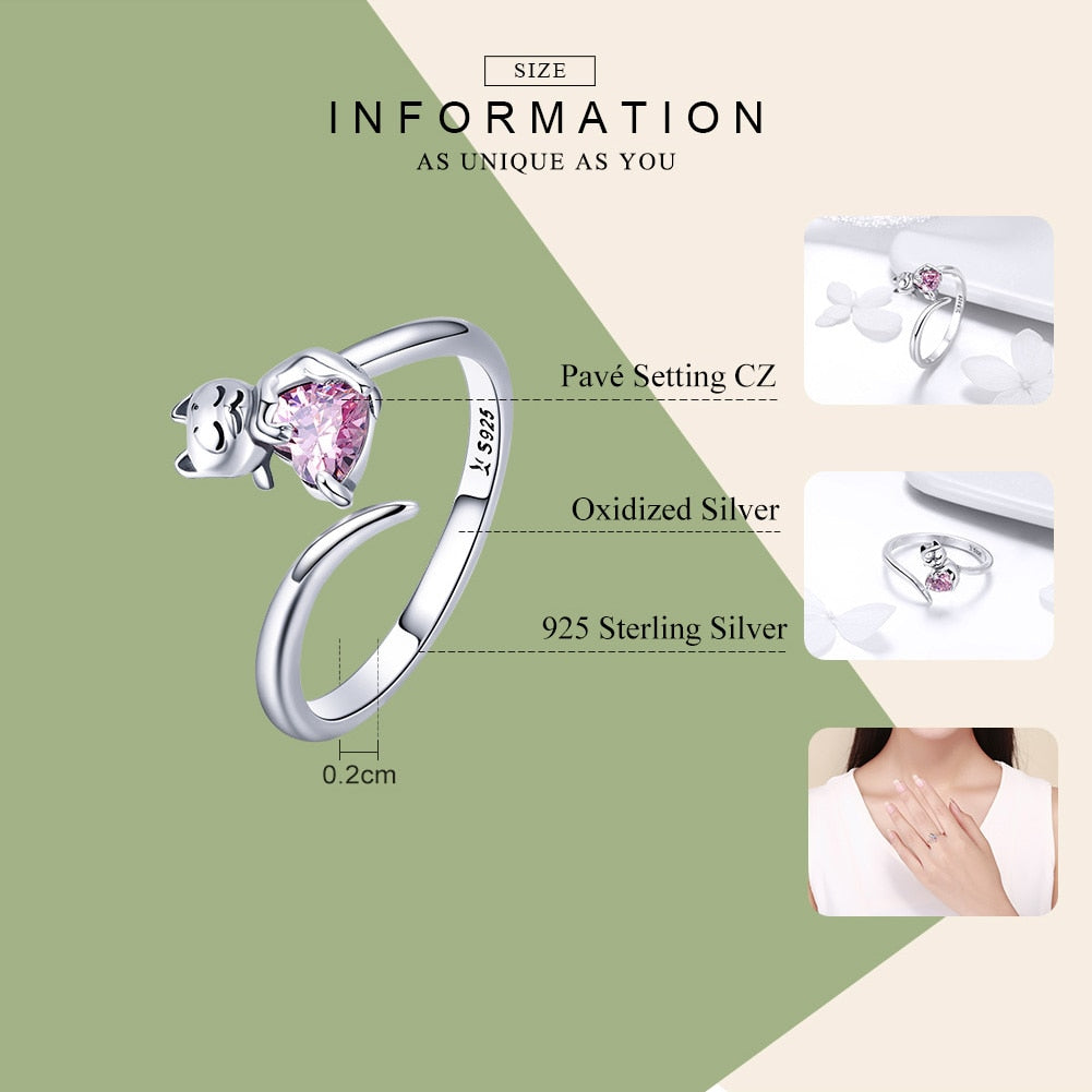 Adorable Cat With Pink CZ Stone 925 Sterling Silver Adjustable Women's Ring