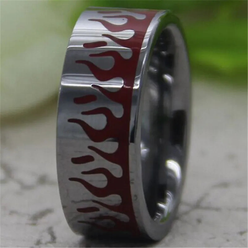 8mm Fire Flames Red Resin & Silver Tungsten Unisex Ring