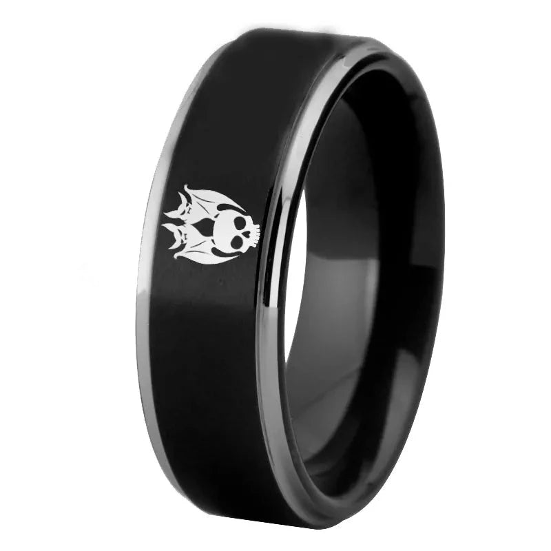 8mm Halloween Skull & Bats Design Black & Silver Tungsten Unisex Ring