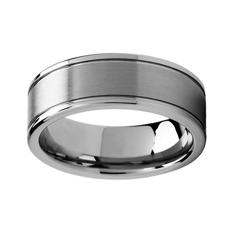 8mm Edge Double Groove Matte Brushed Centre Silver Tungsten Men's Ring