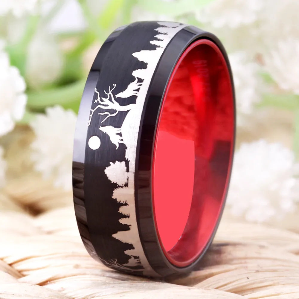 8mm Wolf Howling In Forest Black & Red Aluminium Tungsten Unisex Ring