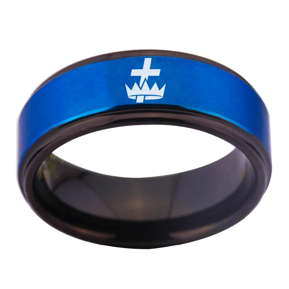 Knights Templar Cross & Crown Blue & Black Tungsten Men's Ring