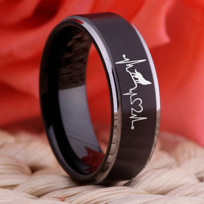 Wolf With Heart Beat Black & Silver Edges Tungsten Unisex Ring