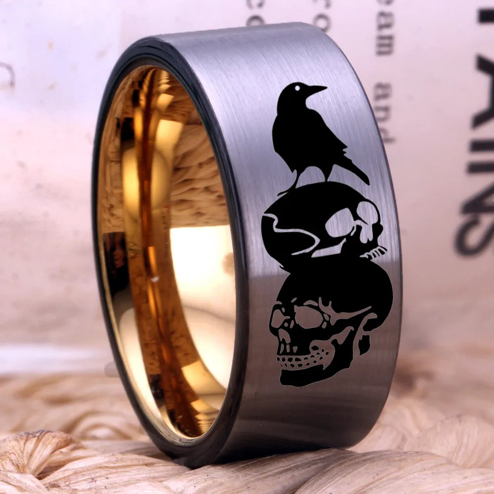 10mm Halloween Odin Raven With Skulls Silver & Gold Men's Tungsten Ring